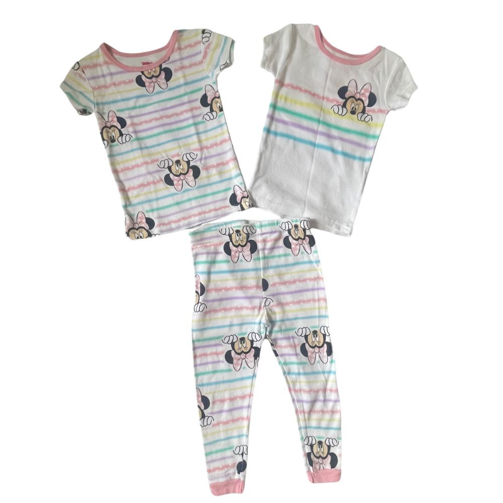 Disney Junior Minnie Snug Fit Pajamas 2 Short Sleeves Tops & 1 Pj Pants. Size 3T